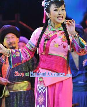 Huang Si Jie Chinese Tujia Minority Pink Dress Stage Performance Dance Costume and Headpiece for Women