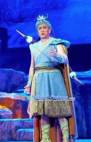 Huang Si Jie Chinese Tujia Minority Hunter Blue Clothing Stage Performance Dance Costume and Headpiece for Men