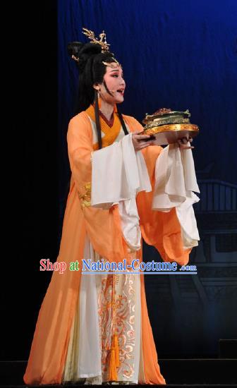 Chinese Shaoxing Opera Bronze Swallow Terrace Zhen Luo Orange Dress Stage Performance Dance Costume and Headpiece for Women