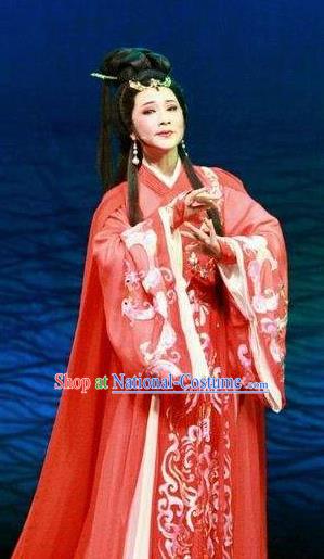 Chinese Shaoxing Opera Bronze Swallow Terrace Zhen Luo Red Dress Stage Performance Dance Costume and Headpiece for Women