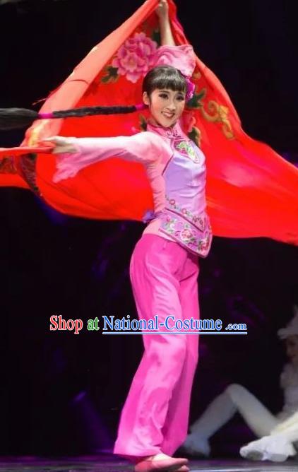 Drama Lan Huahua Chinese Folk Dance Pink Dress Stage Performance Dance Costume and Headpiece for Women