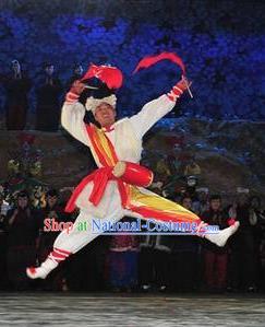 Drama Lan Huahua Chinese Shan Xi Drum Dance Clothing Stage Performance Dance Costume and Headpiece for Men