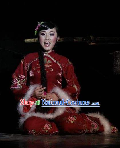 Drama Lan Huahua Chinese Folk Dance Red Dress Stage Performance Dance Costume and Headpiece for Women