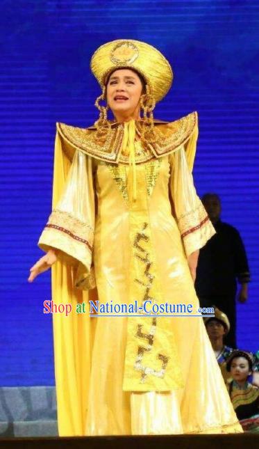 Goddess Ya Song Chinese Classical Dance Yellow Dress Stage Performance Dance Costume and Headpiece for Women