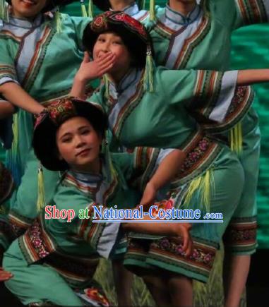 Goddess Ya Song Chinese Zhuang Nationality Dance Green Dress Stage Performance Dance Costume and Headpiece for Women