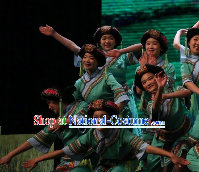 Goddess Ya Song Chinese Zhuang Nationality Dance Green Dress Stage Performance Dance Costume and Headpiece for Women