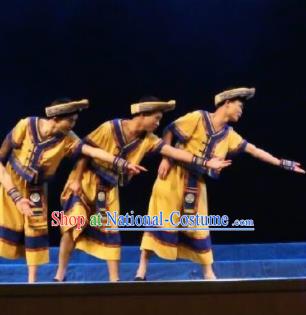 Goddess Ya Song Chinese Zhuang Nationality Dance Yellow Clothing Stage Performance Dance Costume and Headpiece for Men