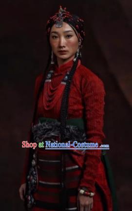 The Heavenly Road Chinese Zang Nationality Folk Dance Red Dress Stage Performance Dance Costume and Headpiece for Women