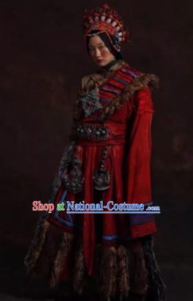 The Heavenly Road Chinese Zang Nationality Dance Red Tibetan Robe Stage Performance Dance Costume and Headpiece for Women