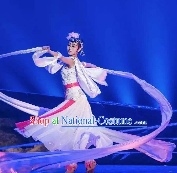 Goddess of the Moon Chinese Classical Dance Long Ribbon Dress Stage Performance Dance Costume and Headpiece for Women