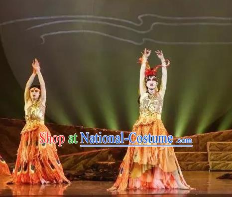 Goddess of the Moon Chinese Classical Dance Peacock Dress Stage Performance Dance Costume and Headpiece for Women