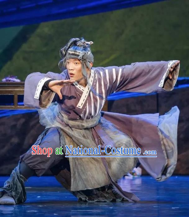 Goddess of the Moon Chinese Classical Dance Purple Clothing Stage Performance Dance Costume and Headpiece for Men