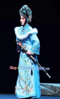 Mei Hua Zan Ceremony Chinese Beijing Opera Princess Blue Dress Stage Performance Dance Costume and Headpiece for Women