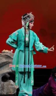 Mei Hua Zan Ceremony Chinese Beijing Opera Maidservant Green Dress Stage Performance Dance Costume and Headpiece for Women