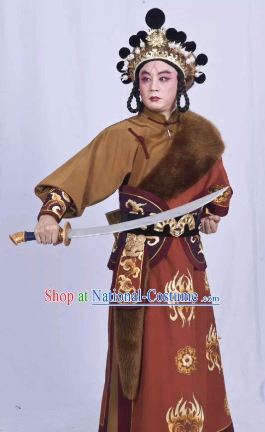 Mei Hua Zan Chinese Beijing Opera Takefu Brown Clothing Stage Performance Dance Costume and Headpiece for Men