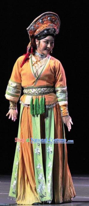 Drama Qian Yun Cliff Chinese Zhuang Nationality Orange Dress Stage Performance Dance Costume and Headpiece for Women