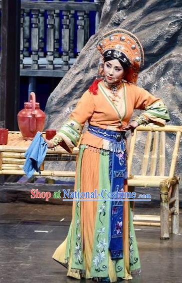 Drama Qian Yun Cliff Chinese Zhuang Nationality Orange Dress Stage Performance Dance Costume and Headpiece for Women