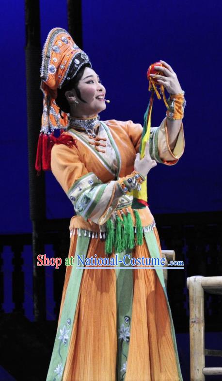 Drama Qian Yun Cliff Chinese Zhuang Nationality Orange Dress Stage Performance Dance Costume and Headpiece for Women