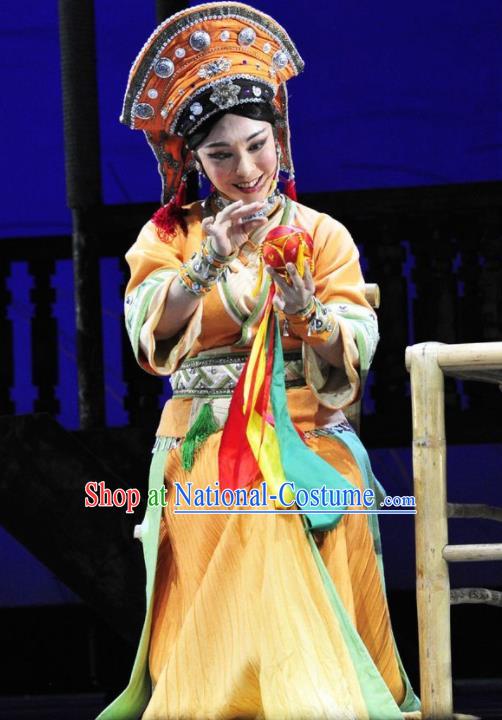 Drama Qian Yun Cliff Chinese Zhuang Nationality Orange Dress Stage Performance Dance Costume and Headpiece for Women