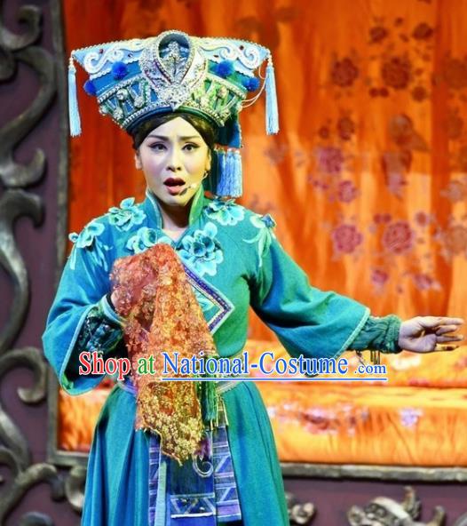 Drama Qian Yun Cliff Chinese Zhuang Nationality Green Dress Stage Performance Dance Costume and Headpiece for Women