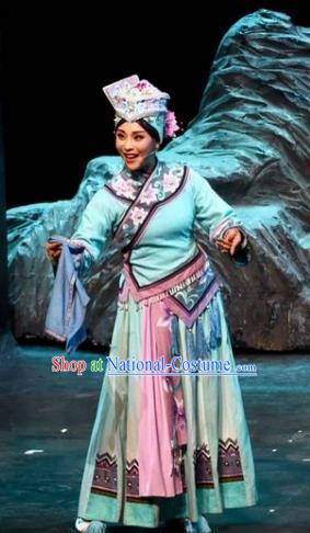 Drama Qian Yun Cliff Chinese Zhuang Nationality Blue Dress Stage Performance Dance Costume and Headpiece for Women