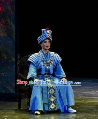 Drama Qian Yun Cliff Chinese Zhuang Nationality Bridegroom Blue Clothing Stage Performance Dance Costume and Headpiece for Men