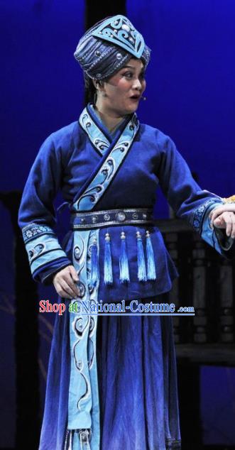 Drama Qian Yun Cliff Chinese Zhuang Nationality Old Female Blue Dress Stage Performance Costume and Headpiece for Women