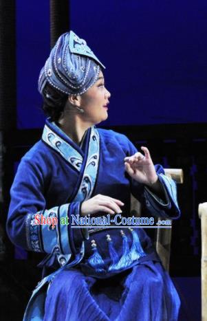 Drama Qian Yun Cliff Chinese Zhuang Nationality Old Female Blue Dress Stage Performance Costume and Headpiece for Women