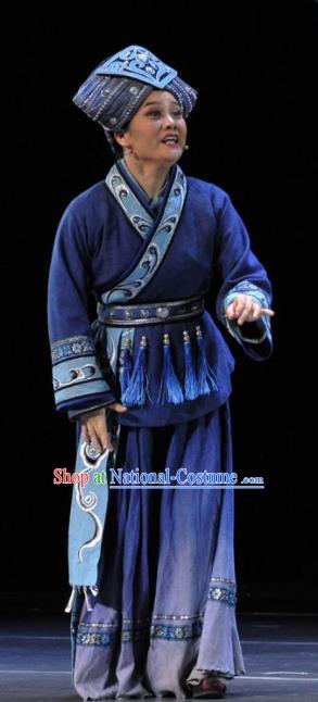 Drama Qian Yun Cliff Chinese Zhuang Nationality Old Female Blue Dress Stage Performance Costume and Headpiece for Women