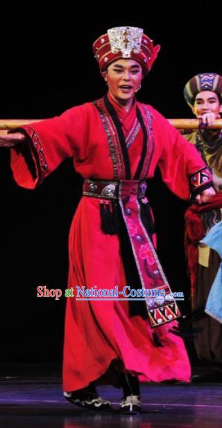 Drama Qian Yun Cliff Chinese Zhuang Nationality Bridegroom Red Clothing Stage Performance Dance Costume and Headpiece for Men