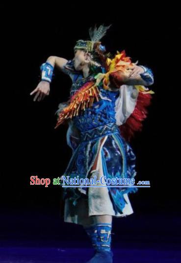 Hundred Bird Dress Chinese Ethnic Dance Blue Clothing Stage Performance Dance Costume and Headpiece for Men