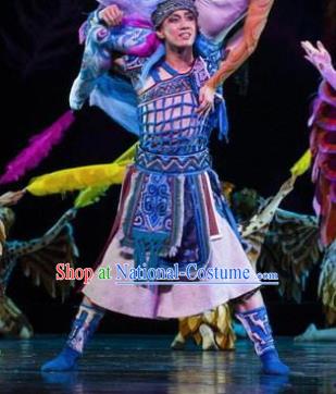 Hundred Bird Dress Chinese Zhuang Ethnic Youth Dance Clothing Stage Performance Dance Costume and Headpiece for Men