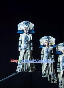 Hundred Bird Dress Chinese Zhuang Nationality Dance White Dress Stage Performance Dance Costume and Headpiece for Women