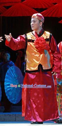 Shi Niang Chinese Ancient Bridegroom Clothing Stage Performance Dance Costume and Headpiece for Men