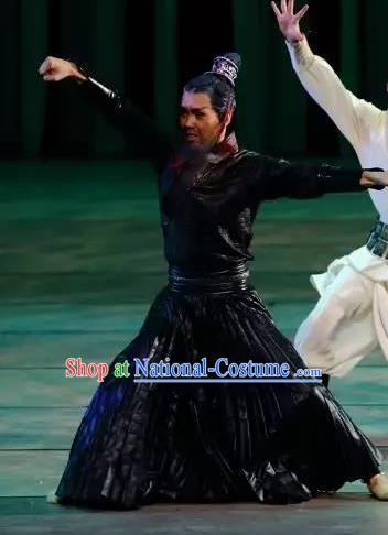 Drama Chinese Orphan Chinese Ancient Swordsman Black Clothing Stage Performance Dance Costume and Headpiece for Men