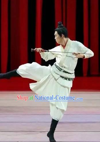 Drama Chinese Orphan Chinese Ancient Swordsman White Clothing Stage Performance Dance Costume and Headpiece for Men