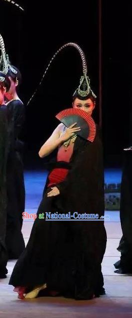 Chinese Orphan Classical Dance Black Dress Stage Performance Dance Costume and Headpiece for Women