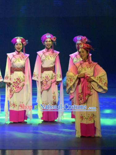 Hometown of Dragon Boat Tune Chinese Tujia Nationality Dance Pink Dress Stage Performance Dance Costume and Headpiece for Women