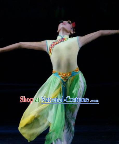 Hundred Bird Dress Chinese Classical Dance Green Dress Stage Performance Dance Costume and Headpiece for Women