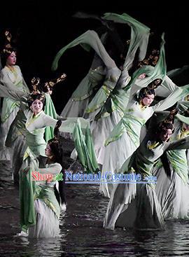 Return To the Three Gorges Chinese Classical Dance Water Sleeve Dress Stage Performance Costume and Headpiece for Women