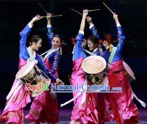 Chinese Korean Nationality Dance Rosy Dress Stage Performance Costume and Headpiece for Women