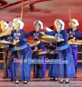 Buyi Ba Yin Chinese Bouyei Nationality Folk Dance Blue Dress Stage Performance Dance Costume and Headpiece for Women