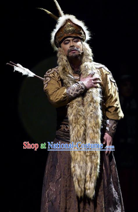 Cai Wenji Chinese Opera Ancient Han Dynasty Huns King Clothing Stage Performance Dance Costume and Headpiece for Men