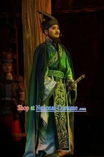 Cai Wenji Chinese Opera Ancient Han Dynasty Envoy Green Clothing Stage Performance Dance Costume and Headpiece for Men