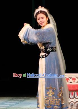 Cai Wenji Chinese Opera Ancient Female Litterateur Blue Dress Stage Performance Dance Costume and Headpiece for Women