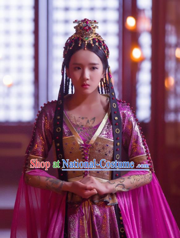 Chinese Drama Young Blood Ancient Royal Princess Pei Jing Purple Costumes and Headpiece for Women