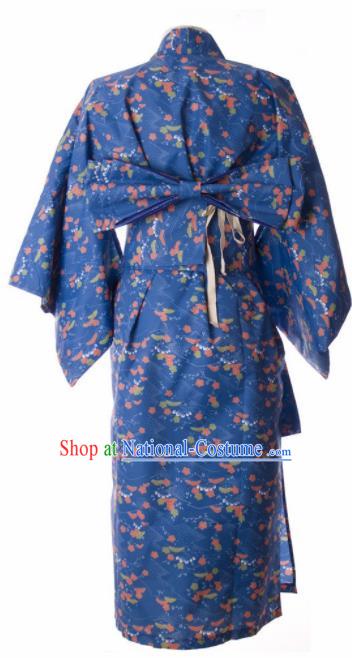 Traditional Japanese Printing Cherry Blossom Blue Kimono Asian Japan Yukata Dress for Women