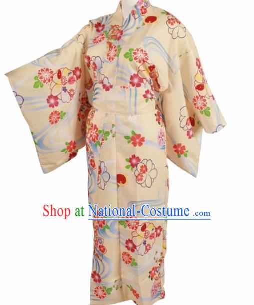 Traditional Japanese Printing Yellow Kimono Asian Japan Blue Dress for Women