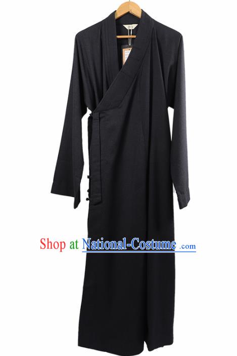 Traditional Chinese Monk Costume Winter Navy Woolen Long Gown for Men