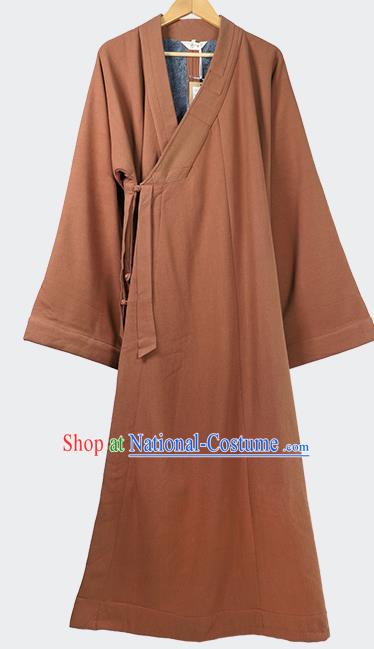 Traditional Chinese Monk Costume Winter Caramel Woolen Long Gown for Men